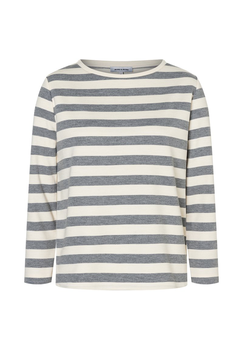 Langärmliges Shirt in Creme mit horizontalen grauen Streifen. Runder Ausschnitt und weicher Stofftextur. Lässiges Design, geeignet für den täglichen Gebrauch.