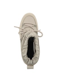 Beige vinterst�øvle med polstret krave, rund tå, tyk sål og beige snørebånd bundet over toppen.