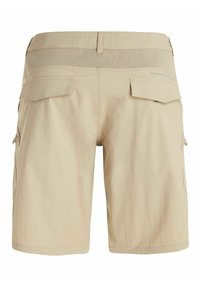 Beige cargoshorts van lichtgewicht materiaal, met een elastische tailleband, twee achterzakken en een rits aan de voorkant.
