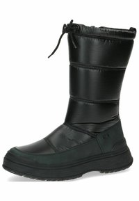 Botas de invierno impermeables negras con caña acolchada, acabado texturizado, puntera redondeada y suela de goma duradera. Cuenta con cordón ajustable en la parte superior.