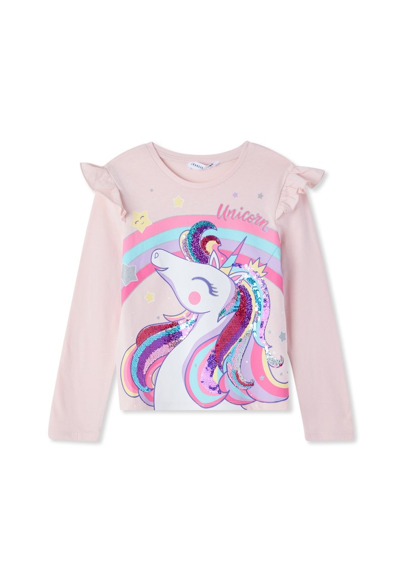 Jasnoróżowa koszula z długim rękawem z falbaniastymi akcentami na ramionach, z grafiką jednorożca ozdobioną tęczowymi cekinami i kolorowymi gwiazdkami.