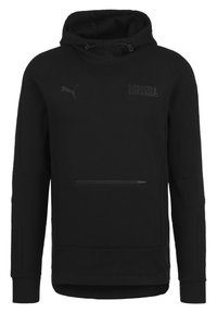Felpa nera a maniche lunghe con tasca frontale con zip, cappuccio regolabile con cordino e sottile logo "Puma" e testo "BORUSSIA" sul petto.