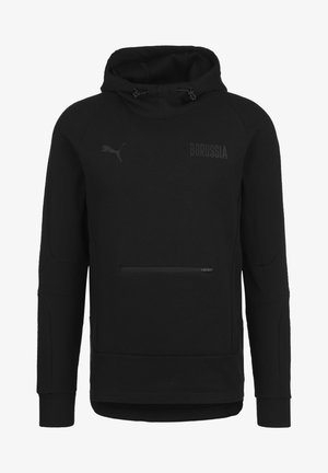 Černá mikina s dlouhým rukávem, předním zipovým kapsou, kapucí se stahovací šňůrkou a jemným logem "Puma" a textem "BORUSSIA" na hrudi.