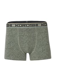 Grüne gemusterte Boxershorts aus dehnbarem Stoff. Verfügt über einen schwarzen elastischen Bund mit dem "KOROSHI"-Logo und geometrischen Designs in hellgrün.