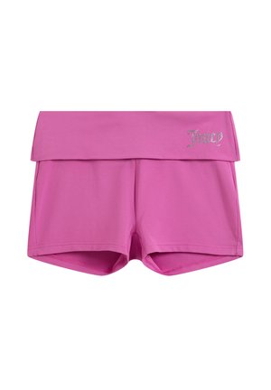 Rosa kurze Hose mit umgeschlagenem Bund, auf dem "Juicy" in Strasssteinen geschrieben steht, hergestellt aus weichem, dehnbarem Stoff.