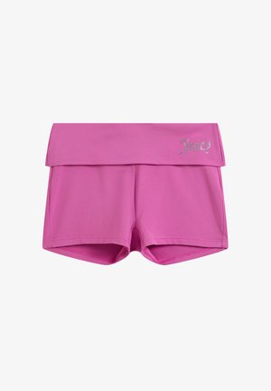 Rosa kurze Hose mit umgeschlagenem Bund, auf dem "Juicy" in Strasssteinen geschrieben steht, hergestellt aus weichem, dehnbarem Stoff.