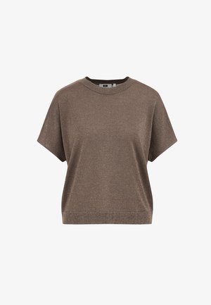Pull en maille marron à manches courtes avec col rond et bord-côtes à l'ourlet et aux poignets, présenté sur fond blanc.