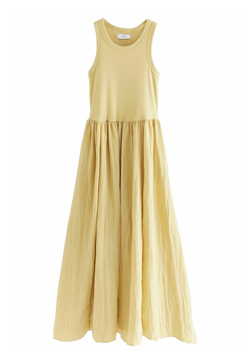 Robe jaune sans manches avec un haut ajusté et une jupe fluide. Fabriquée en tissu léger avec une texture froissée et une taille froncée.