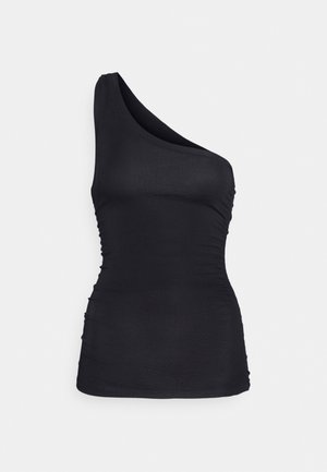 Black one-shoulder top made of smooth fabric, featuring ruching on the side for texture and form-fitting design.