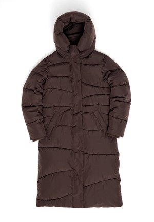 Brown puffer coat with a hood, featuring stitched panels and side pockets. The fabric has a smooth, shiny texture and a long design.