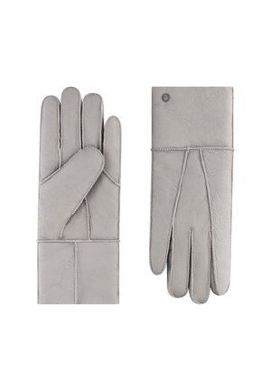 Graue Lederhandschuhe mit texturiertem Finish, ausgestattet mit einer Nahtverzierung und einem Knopfakzent am Handgelenk. Erhältlich in linken und rechten Formen.