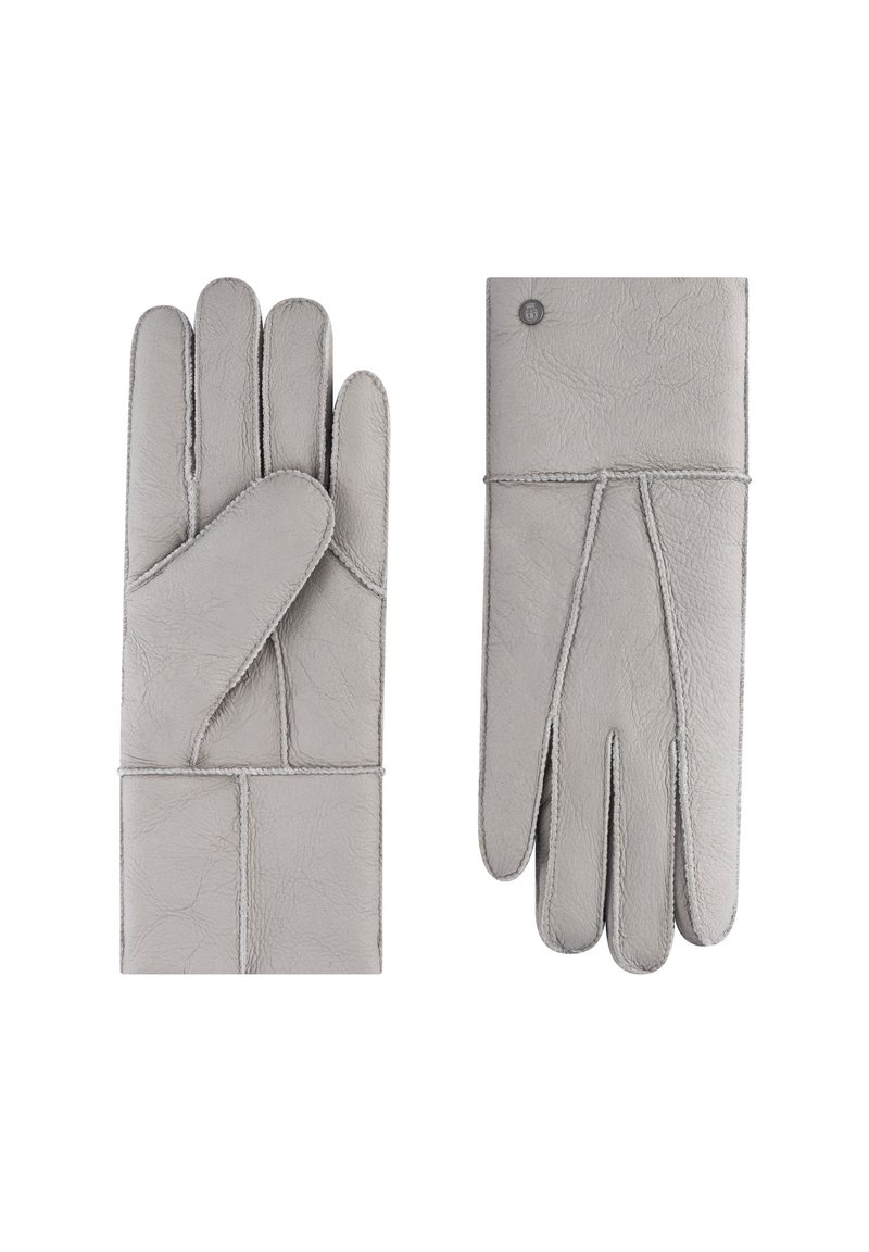 Graue Lederhandschuhe mit texturiertem Finish, ausgestattet mit einer Nahtverzierung und einem Knopfakzent am Handgelenk. Erhältlich in linken und rechten Formen.