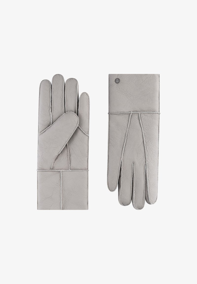 Graue Lederhandschuhe mit texturiertem Finish, ausgestattet mit einer Nahtverzierung und einem Knopfakzent am Handgelenk. Erhältlich in linken und rechten Formen.