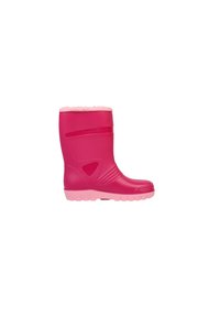 Botte de pluie en caoutchouc rose avec un dessus texturé, une partie inférieure lisse et une doublure en fourrure rose en haut. Semelle à motifs pour une adhérence et une stabilité.