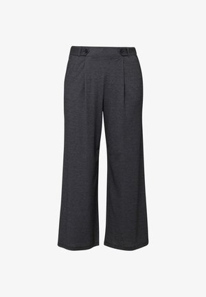 Dunkelgraue Hosen mit weitem Bein und hoher Taille, zwei vordere Falten und mit Knöpfen versehene Gürtelschlaufen.