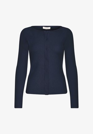 Marineblå ribstrikket cardigan med lange ærmer og lukning med knapper foran, rund halsudskæring og slim fit.