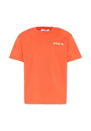 T-shirt orange vif à manches courtes avec petit logo MSGM jaune sur le côté gauche de la poitrine, col rond et design uni.