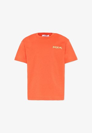 Jasno pomarańczowa koszulka z krótkim rękawem z małym żółtym logo MSGM na lewej piersi, okrągły dekolt i prosta forma.