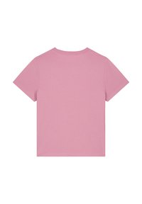 Rosa Baumwoll-T-Shirt mit Rundhalsausschnitt, kurzen Ärmeln und einem einfachen, einfarbigen Design. Glatte Textur ohne Muster oder Verzierungen.