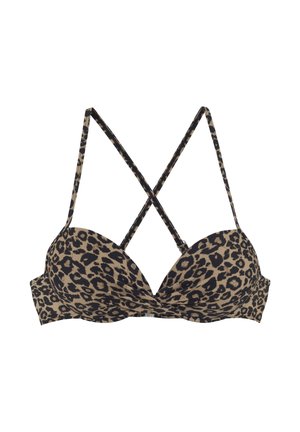 Gepolsterter BH mit Leopardenmuster, gekreuzten dünnen Schulterträgern und Verschluss vorne in der Mitte.