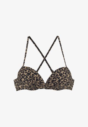 Gepolsterter BH mit Leopardenmuster, gekreuzten dünnen Schulterträgern und Verschluss vorne in der Mitte.