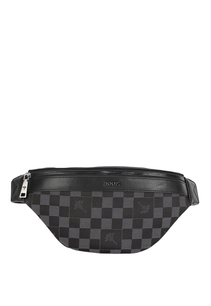 Czarna i szara kraciasta nerka z elementami ze skóry, wyposażona w zapięcie na zamek błyskawiczny oraz wytłoczone logo. Dołączony regulowany pasek.