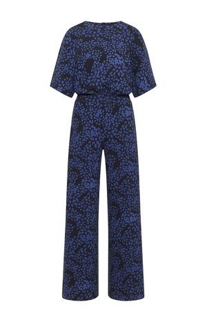 Black jumpsuit with short sleeves and wide legs, featuring an all-over irregular blue leopard print pattern.