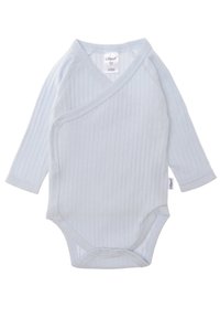 Light blue long-sleeve baby bodysuit made of ribbed fabric. It features a wraparound design with snap closures at the bottom.