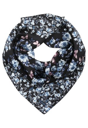 Sort trekantet tørklæde med blå og hvide blomsterprint og lyserøde sommerfugle, foldet til en cirkel.