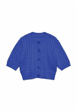 Cardigan bleu en tricot avec un motif en cable, encolure ronde, manches courtes et fermeture à boutons sur le devant.