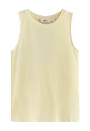 Sleeveless light yellow cotton tank top with round neckline and label "NEXT" inside collar.
