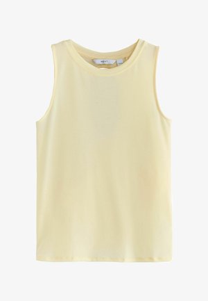 Mouwloos lichtgeel katoenen tanktop met ronde hals en het label "NEXT" aan de binnenkant van de kraag.