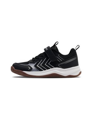 Schwarzer und grauer Sportschuh mit weißen Zickzackstreifen, Klettverschluss und brauner Profilsohle, von der Seite vor weißem Hintergrund gezeigt.
