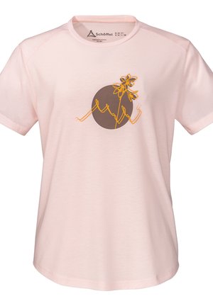 Rosa Kurzarm-T-Shirt aus weichem Stoff. Auf der Vorderseite befindet sich ein brauner Kreis mit einer gelben floralen Linienzeichnung.