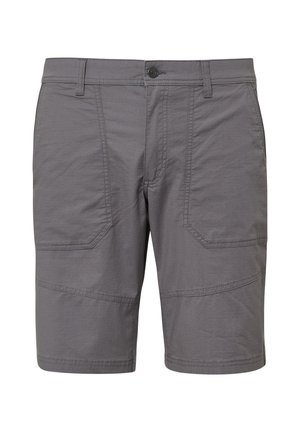 Szare szorty z fakturowanej tkaniny, z zamkiem błyskawicznym, zapięciem na guzik oraz dwiema przednimi kieszeniami z ukośnymi szwami dla dodatkowego wykończenia.