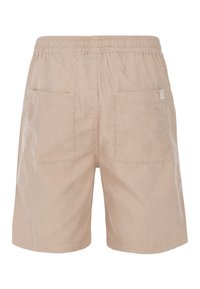 Pantaloni corti di velluto a coste beige con una comoda vita elastica, dotati di due tasche posteriori e una sottile trama a coste verticali.
