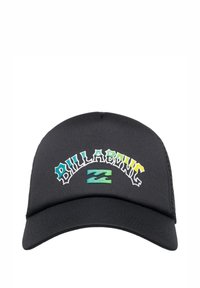 Svart keps med nätkanter som har "Billabong" i en stiliserad båge, accentuerad med blå, grön och gul våg grafik.