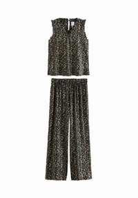 Dvoudílný outfit skládající se z topu bez rukávů a širokých kalhot s elastickým pasem. Temná látka s květinovým vzorem, volánkové ramena, lehký materiál.