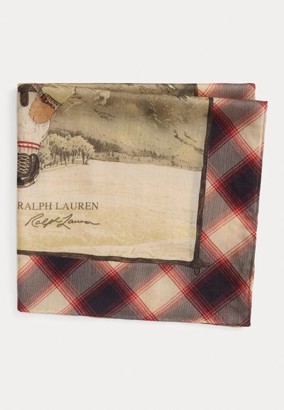Ralph Lauren sál, amely természet ihlette illusztrációval és piros, tengerészkék és bézs kockás szegéllyel rendelkezik. Puha anyagból készült, sima tapintással.