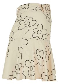 Jupe florale en tissu beige clair, présentant de grands motifs floraux noirs. Coupe en A avec une taille ajustée et un détail de fermeture sur le côté.