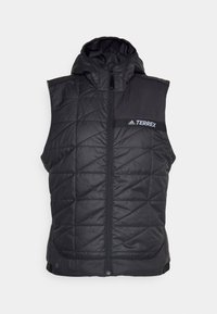 Schwarze gepolsterte Weste mit Reißverschluss vorne, verstellbare Kapuze und Rautenmuster. Mit "TERREX"-Markenlogo in Weiß.