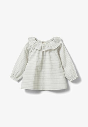 Blusa grigio chiaro con collo arricciato, maniche lunghe con polsini elastici e una sottile texture a righe su tutta la superficie.