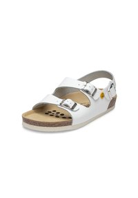 White leather sandals with two adjustable straps, silver buckles, and a cork footbed featuring ventilation holes. Flat, light-colored sole.