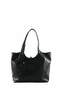 Sac fourre-tout en cuir noir avec une texture lisse, forme arrondie, deux longues poignées et une poche zippée à l'avant. Design minimaliste, sans quincaillerie visible.