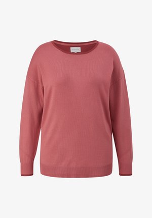 Růžový pletený svetr s kulatým výstřihem, spadlými rameny a žebrovanými manžetami a lemem. Měkká textura s mírným pružením. Pohodlný design.