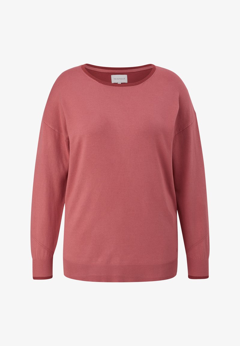 Růžový pletený svetr s kulatým výstřihem, spadlými rameny a žebrovanými manžetami a lemem. Měkká textura s mírným pružením. Pohodlný design.