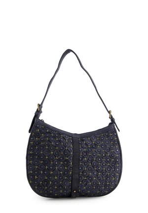 Blauwe leren schoudertas met een gekruist ontwerp, met gouden accenten en een ritsluiting. Ronde vorm met een enkele strap.