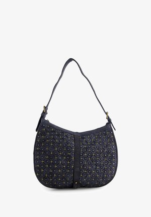 Blauwe leren schoudertas met een gekruist ontwerp, met gouden accenten en een ritsluiting. Ronde vorm met een enkele strap.