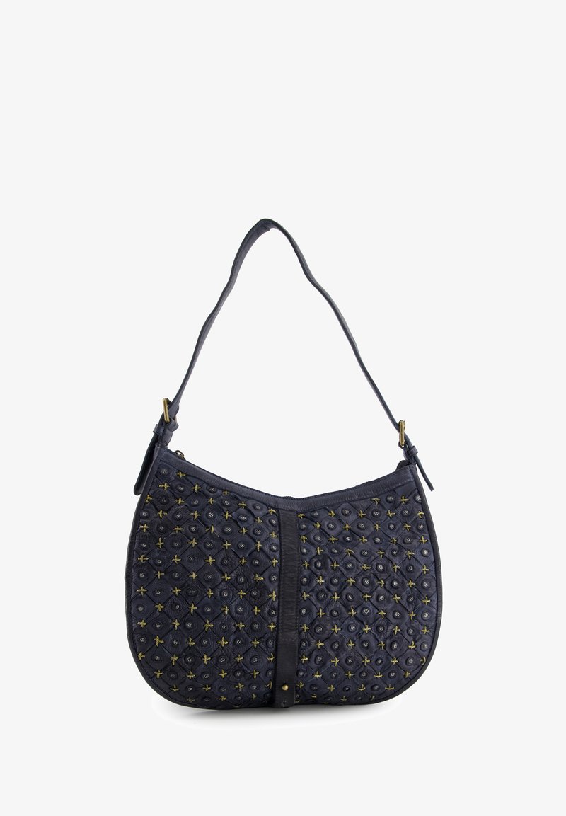 Blå skind skuldertaske med quiltet design, der har guldfarvede detaljer og lynlås lukning. Rundet form med en enkelt rem.