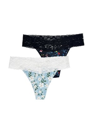 Two women's lace-trimmed thongs, one black with dark floral print, one light blue with white flowers and white lace waistband.